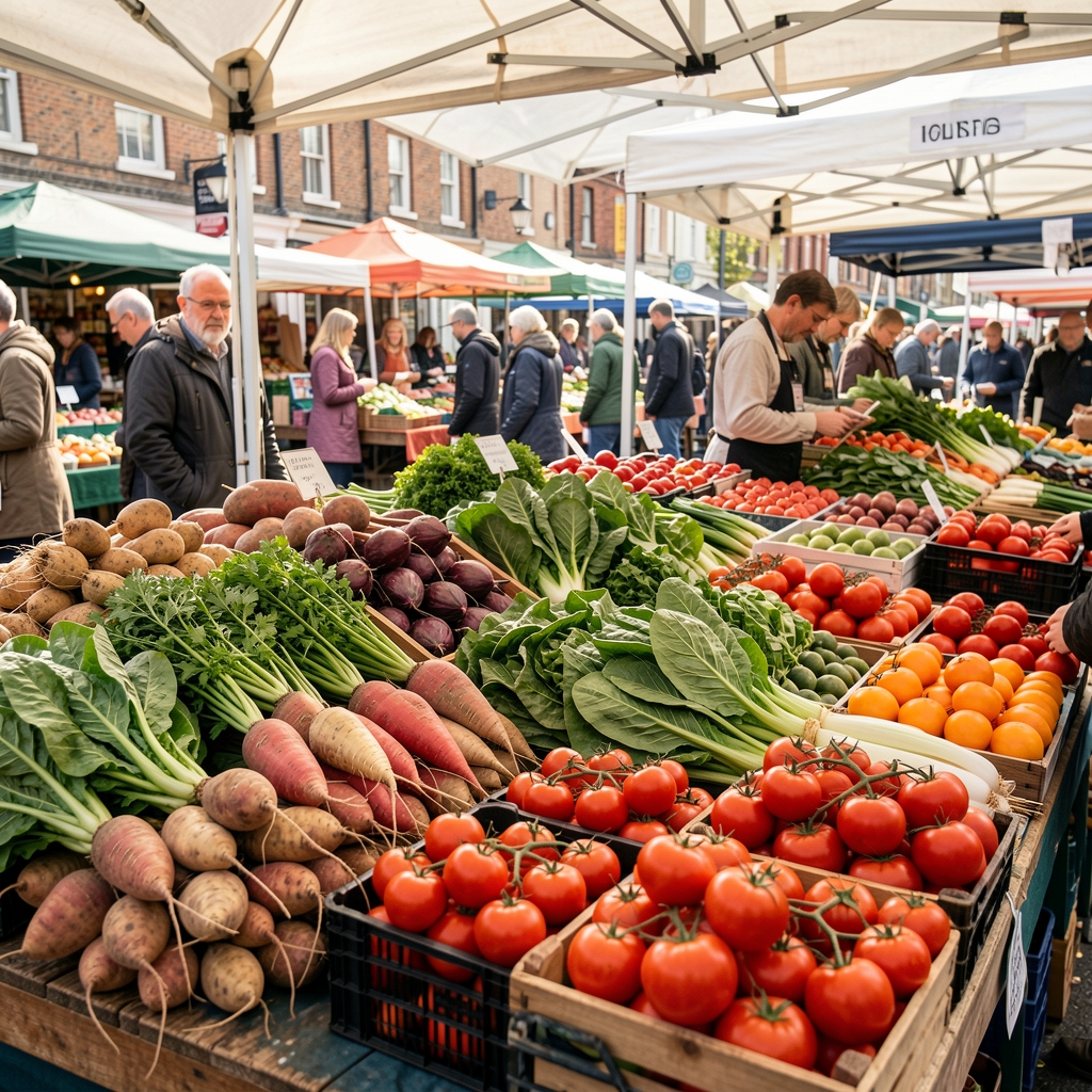 Vibrant seasonal vegetable market display with root vegetables, leafy greens and heritage tomatoes at a London farmers market, morning natural light